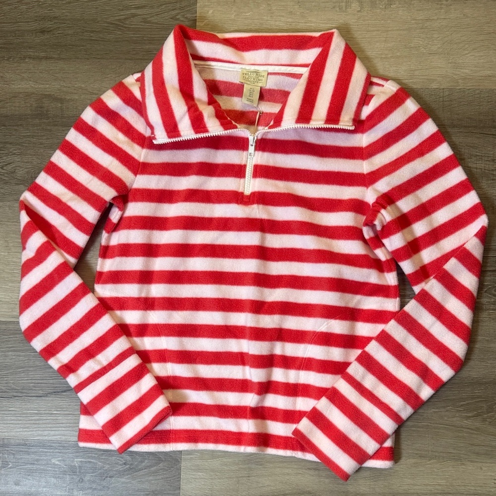NEW Telluride Clothing Company Red and White Stripped Fleece Quarter Zip